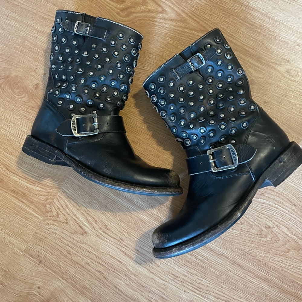 Frye Black Studded Motorcycle Boots Size 7